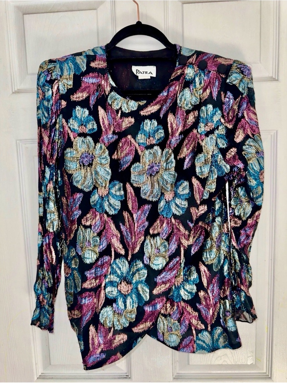 Vintage Patra 70s/80s Metallic Floral Blouse - Black with Blue & Pink Flowers